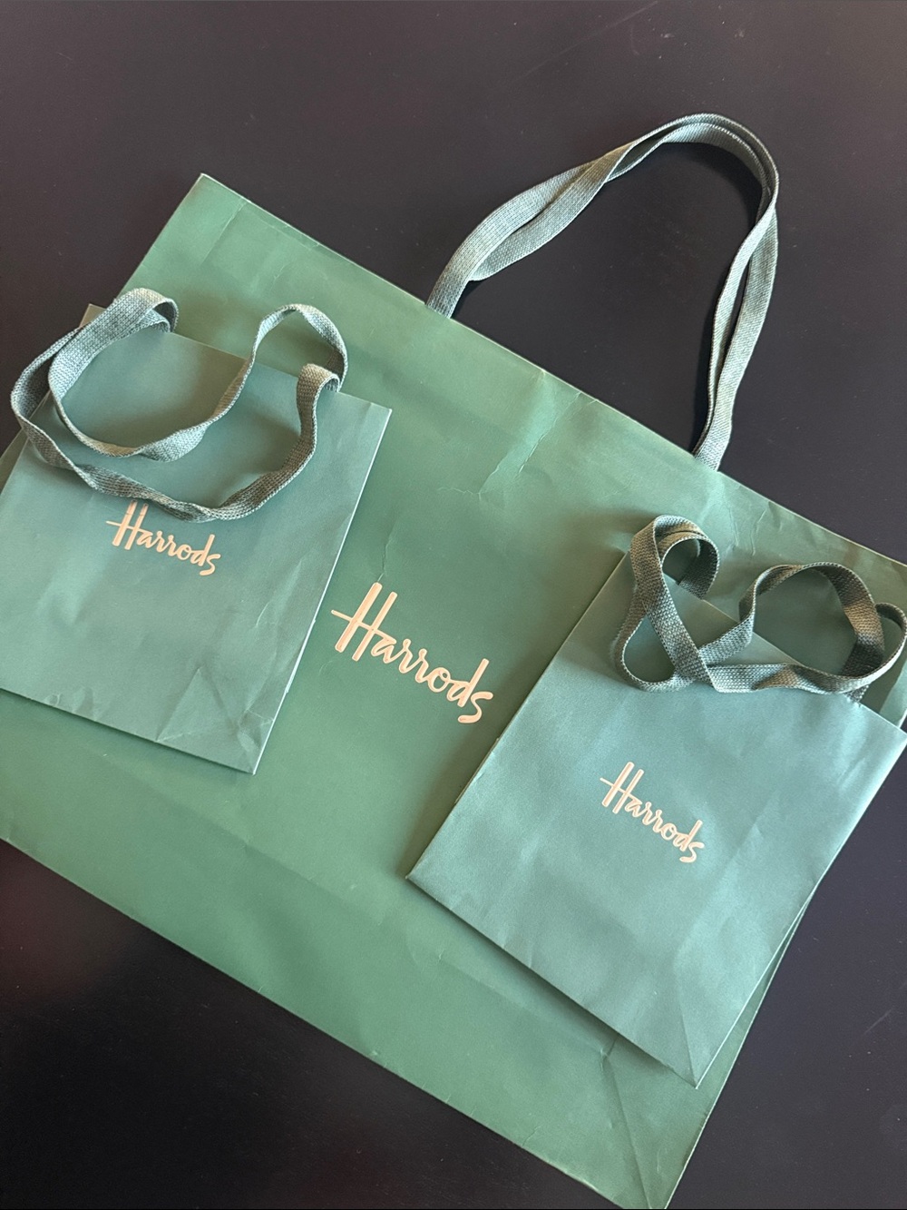 Harrods Signature Green and Gold Logo Paper Shopping Bag Set of 3